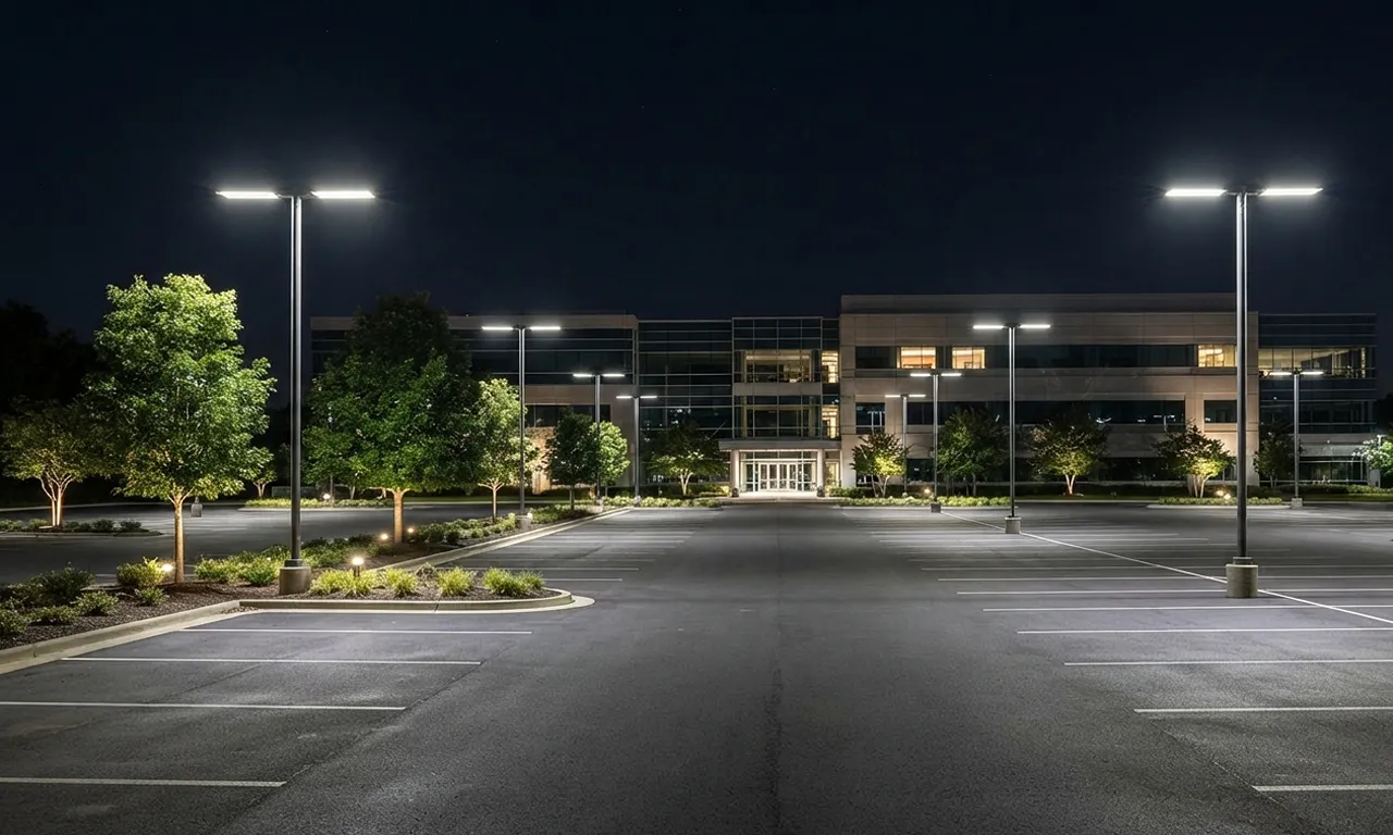 well lit commercial parking lot at night with LED pole lights providing even illumination