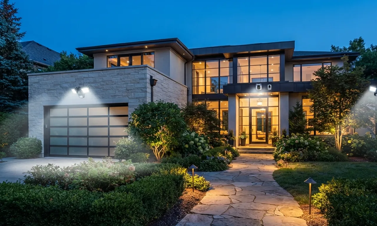 well lit home exterior with security lights installed