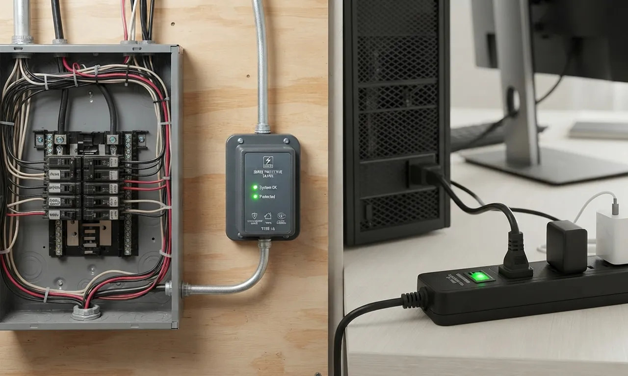 whole house surge protector installed at an electrical panel and a point of use surge protector plugged into an outlet